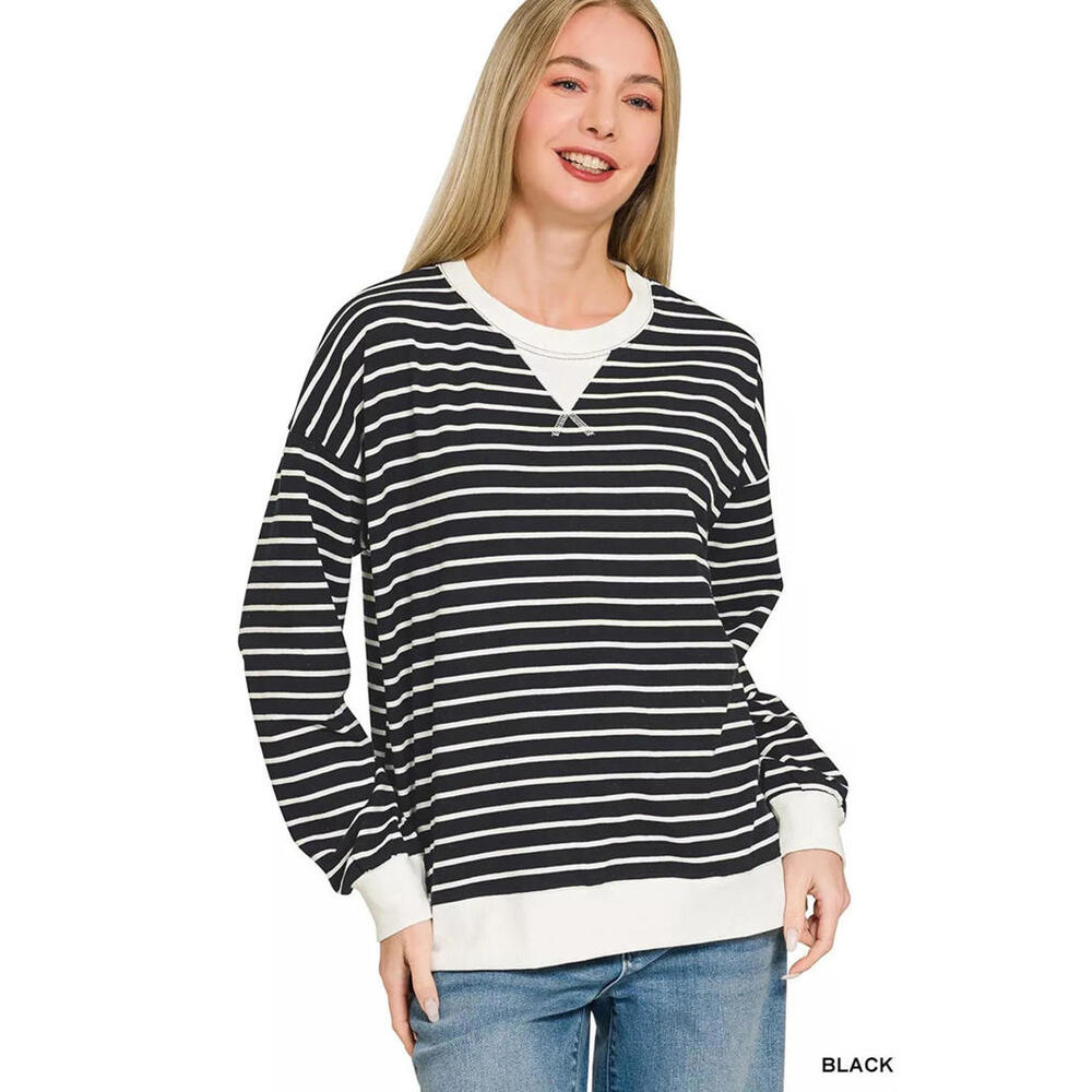 Zenana Contrast Striped Round Neck Sweatshirt